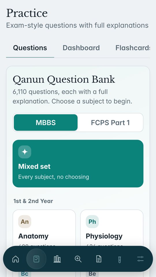 The Qanun question bank with subject tiles
