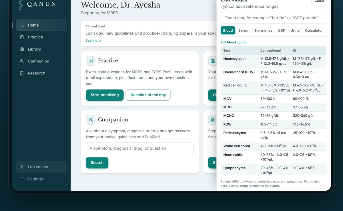 Lab reference values on a tablet